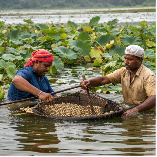 Makhana farmers harvesting fox nuts from ponds in Bihar